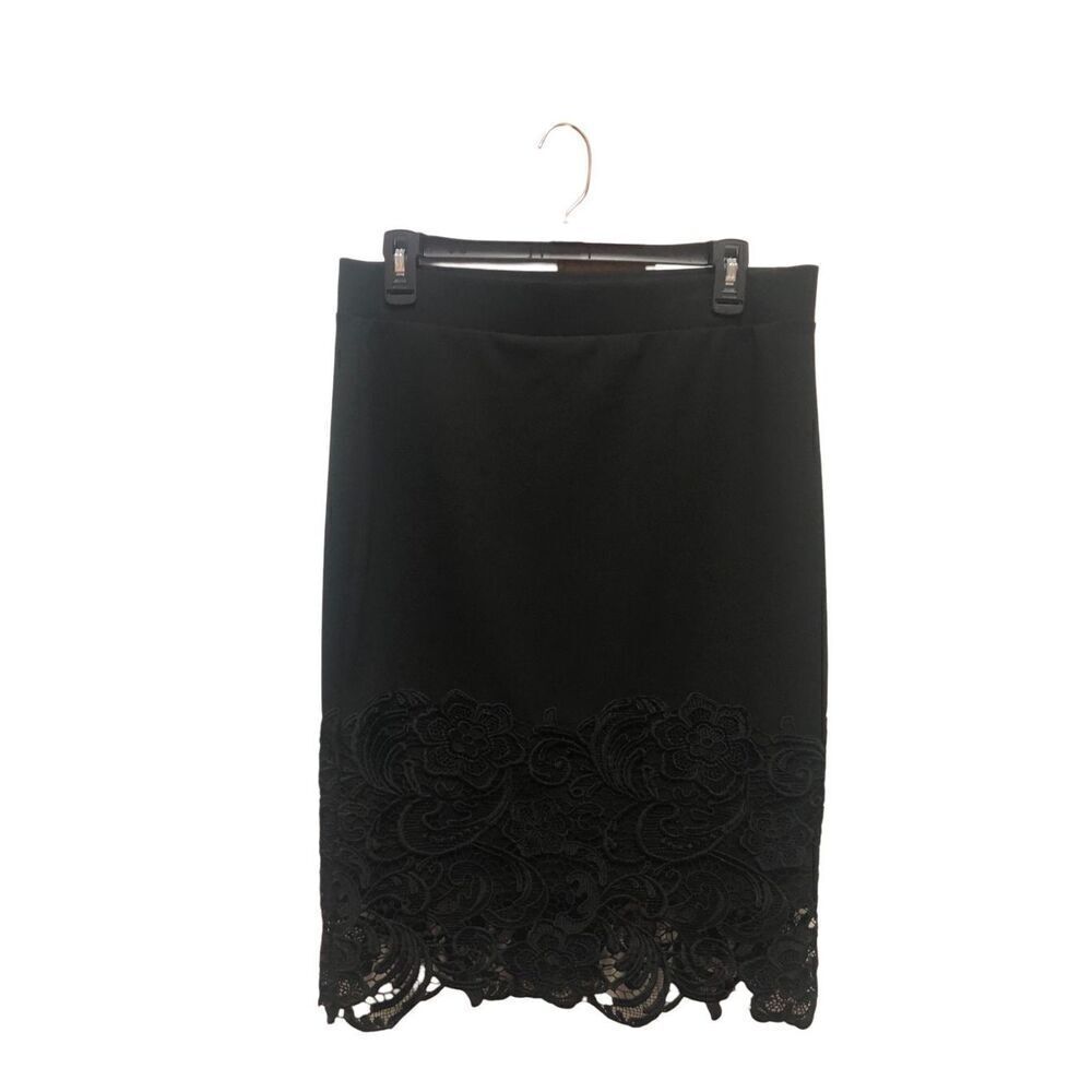 Olivia Blu Women’s Black Knee Length Lace Trim Elegant Pencil Skirt Size L